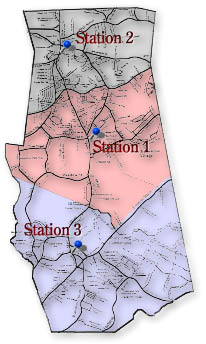 Map of the town of carver color coded by response areas.